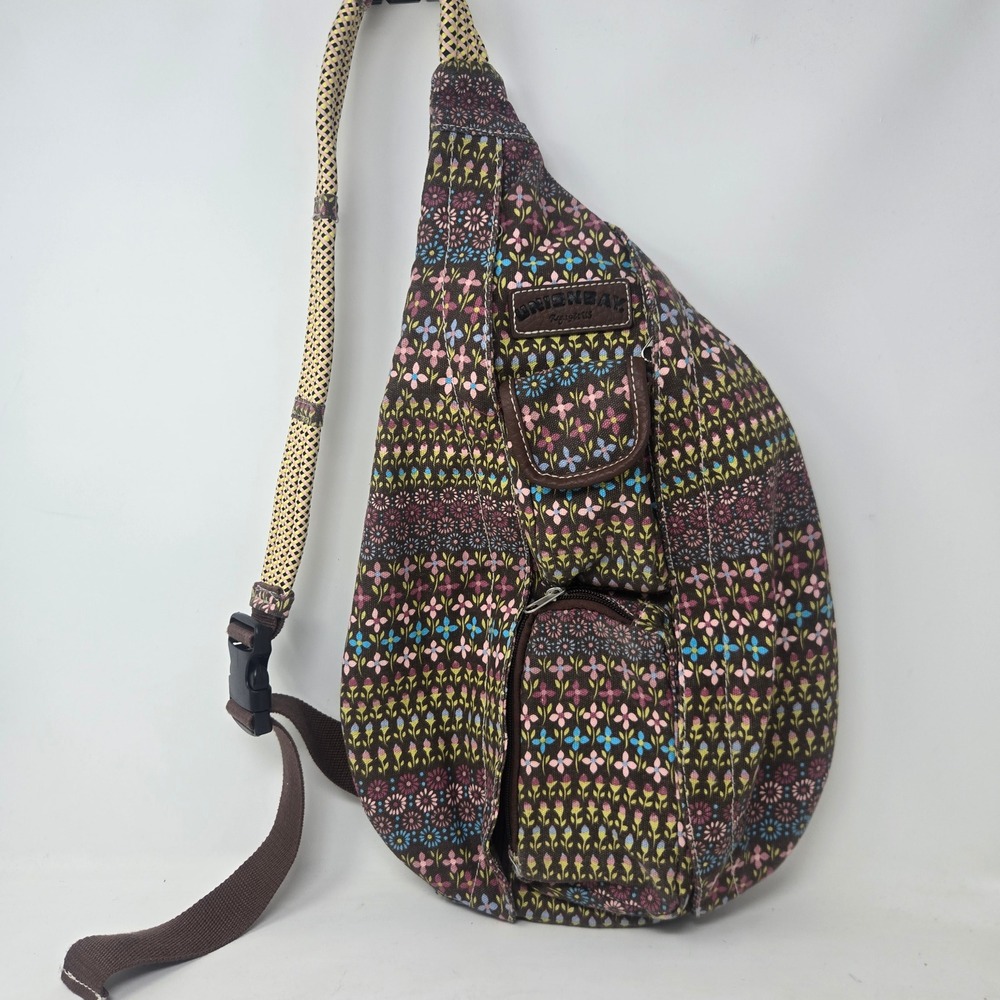 Unionbay‎ Floral Canvas Sling Backpack Brown Pink Blue Teardrop Rope Strap Bag
